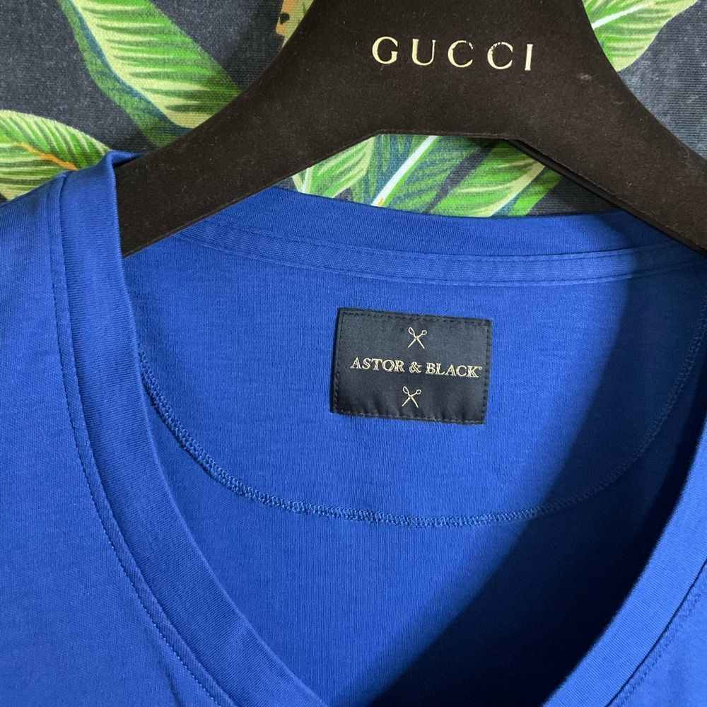 Astor & Black Luxury V-Neck Tee Shirt - Blue Jersey Knit Relaxed Fit Large - Picture 6 of 10